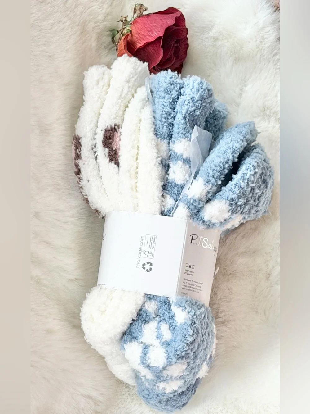 2 pack  P.J. Salvage Plush Dog Face  Cozy Socks Cream, Brown & 1 blue w/cream